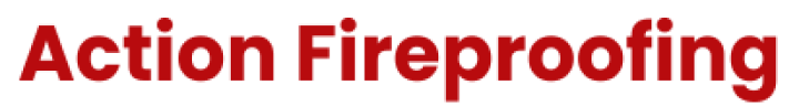 Red Action Fireproofing text on black background.