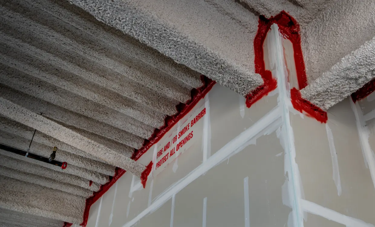 Ceiling with fireproofing material and red sealant.
