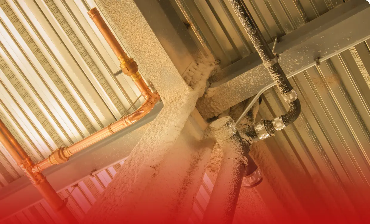 Industrial ceiling pipes with spray foam insulation.