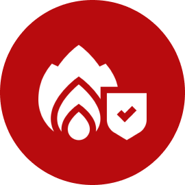 Flame icon with shield on red background.