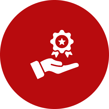 Hand with award icon on red circle.