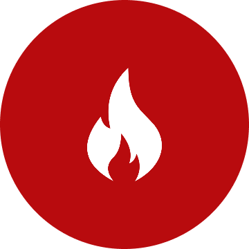 White flame icon on red background.