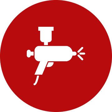 Spray gun icon on red circle background.
