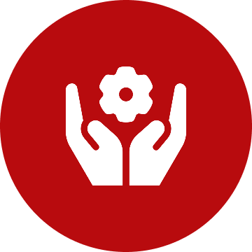 Hands holding gear icon on red background.