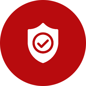 Shield with checkmark on red background.