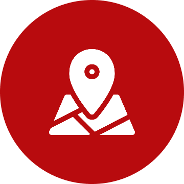 Map pin icon on red circular background.